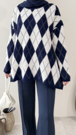 Baklava Desen Triko Kazak – Lacivert&Beyaz - Görsel 7