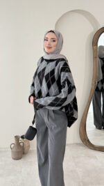 Baklava Desen Triko Kazak – Siyah&Gri - Görsel 2