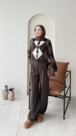 Baklava Desen Triko Hırka - Kahve