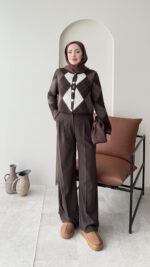 Baklava Desen Triko Hırka - Kahve - Görsel 2