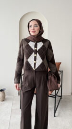 Baklava Desen Triko Hırka - Kahve - Görsel 4