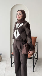 Baklava Desen Triko Hırka - Kahve - Görsel 5