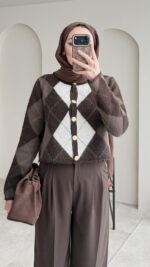 Baklava Desen Triko Hırka - Kahve - Görsel 7