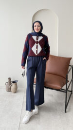 Baklava Desen Triko Hırka - Lacivert&Bordo