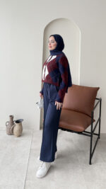 Baklava Desen Triko Hırka - Lacivert&Bordo - Görsel 3