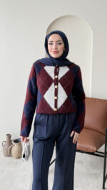 Baklava Desen Triko Hırka - Lacivert&Bordo - Görsel 4