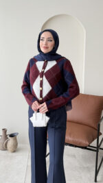 Baklava Desen Triko Hırka - Lacivert&Bordo - Görsel 5