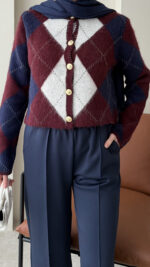 Baklava Desen Triko Hırka - Lacivert&Bordo - Görsel 7