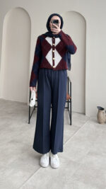 Baklava Desen Triko Hırka - Lacivert&Bordo - Görsel 8