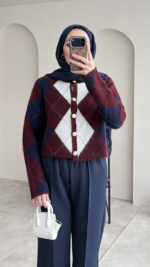 Baklava Desen Triko Hırka - Lacivert&Bordo - Görsel 9