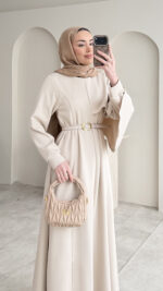 Mera Pelerin Scuba Elbise - Taş - Görsel 7