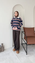 Dora Çizgili Triko Kazak - Lacivert - Görsel 3