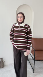 Dora Çizgili Triko Kazak - Kahve