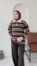 Dora Çizgili Triko Kazak - Kahve - Görsel 2