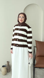 Nera Çizgili Triko Hırka - Kahve