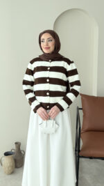 Nera Çizgili Triko Hırka - Kahve - Görsel 2