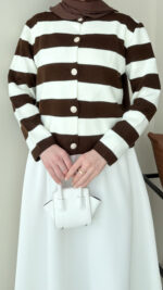 Nera Çizgili Triko Hırka - Kahve - Görsel 3