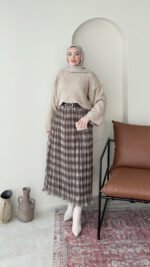 Ekose Şifon Etek - Kahve