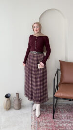 Ekose Şifon Etek - Bordo