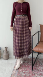 Ekose Şifon Etek - Bordo - Görsel 3