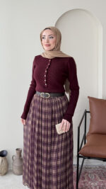 Ekose Şifon Etek - Bordo - Görsel 5