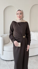 Sare Pileli Elbise - Koyu Kahve - Görsel 3