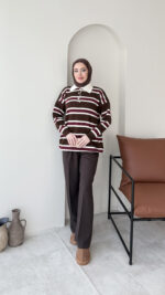 Dora Çizgili Triko Kazak - Kahve - Görsel 4