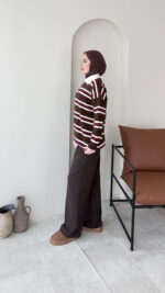 Dora Çizgili Triko Kazak - Kahve - Görsel 5