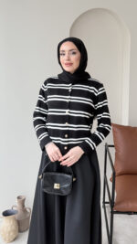 Çizgili Mini Hırka - Siyah