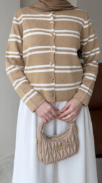 Çizgili Mini Hırka - Camel - Görsel 3