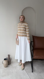 Çizgili Mini Hırka - Camel - Görsel 4