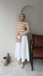 Çizgili Mini Hırka - Camel - Görsel 5