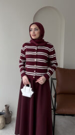 Çizgili Mini Hırka - Bordo - Görsel 2