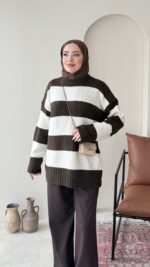 Ella Çizgili Triko Kazak - Kahve