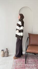 Ella Çizgili Triko Kazak - Kahve - Görsel 4