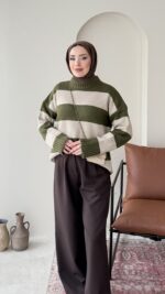 Ella Çizgili Triko Kazak – Haki