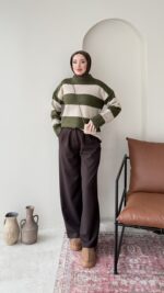 Ella Çizgili Triko Kazak – Haki - Görsel 3