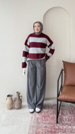 Ella Çizgili Triko Kazak – Bordo - Görsel 3