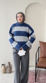 Ella Çizgili Triko Kazak – Mavi