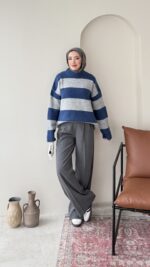 Ella Çizgili Triko Kazak – Mavi - Görsel 3