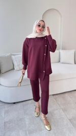 Sole Düğmeli Scuba Takım - Bordo - Görsel 6